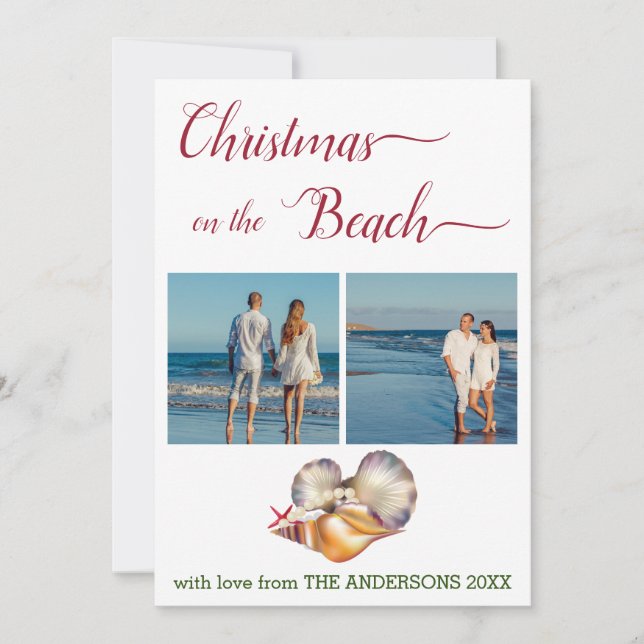 Christmas on the Beach White Seashells Collage Holiday Card (Front)
