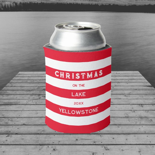 Christmas On The Lake Red Nautical Stripe Can Cooler (Creator Uploaded)