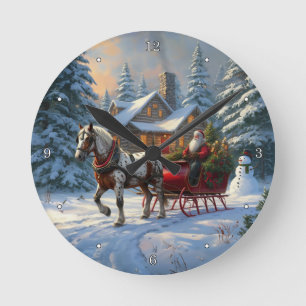 Christmas One-horse Sleigh Santa Round Clock