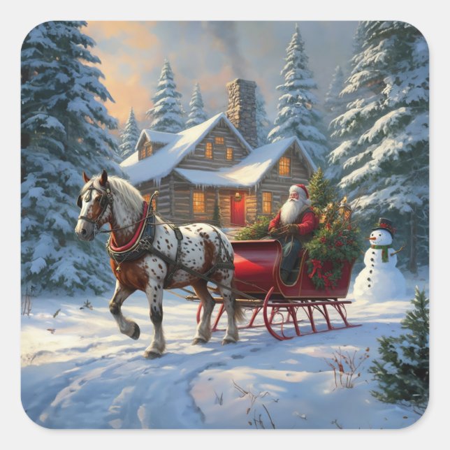 Christmas One-horse Sleigh Santa Square Sticker (Front)