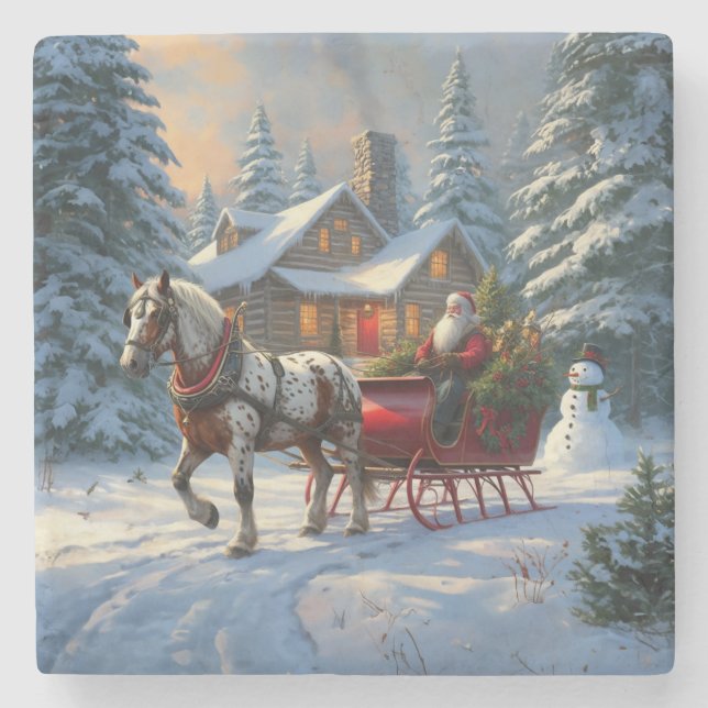Christmas One-horse Sleigh Santa Stone Coaster (Front)