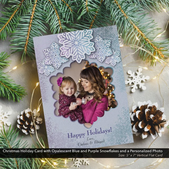 Christmas Opalescent Blue Purple Snowflake Photo Holiday Card (Christmas Holiday Card with Opalescent Blue and Purple Snowflakes with Personalized Photo-5"x7" Card)