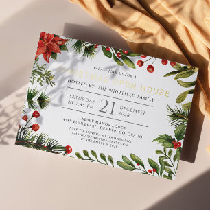 Christmas Open House Botanical Gold Foil Holiday Postcard
