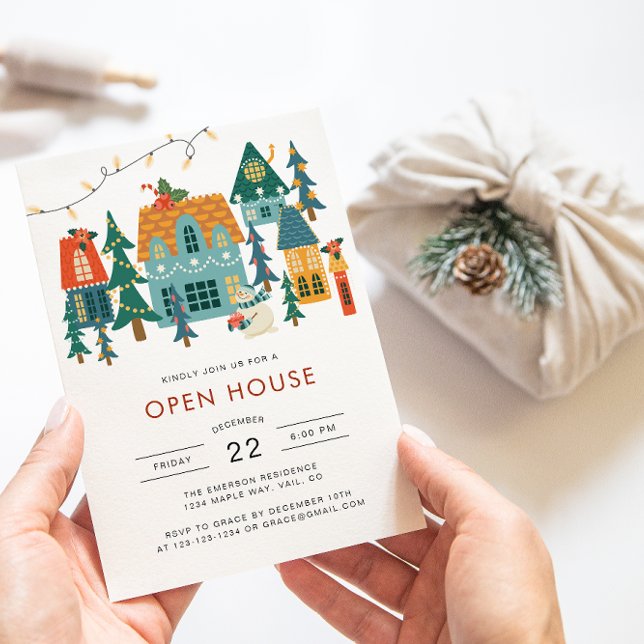 Christmas Open House Holiday Invitation (Cute Retro Holiday Houses Open House Christmas Invitation by Painted Paperie)