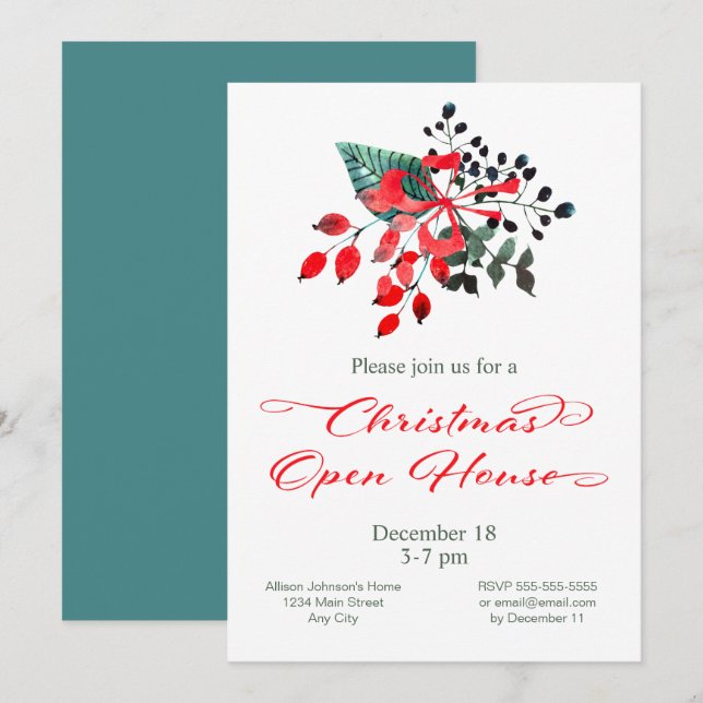 Christmas Open House Party Winter Berries Floral Invitation (Front/Back)