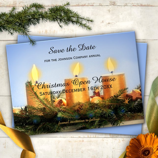 Christmas Open House Save the Date Card (Save the Date card for a Christmas or Holiday party, featuring golden candles and pine twigs)