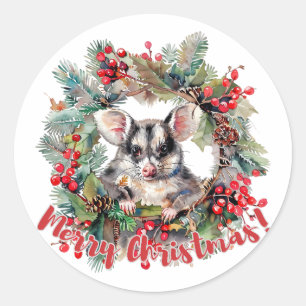 Christmas Opossum Berries Holly Leaves Classic Round Sticker