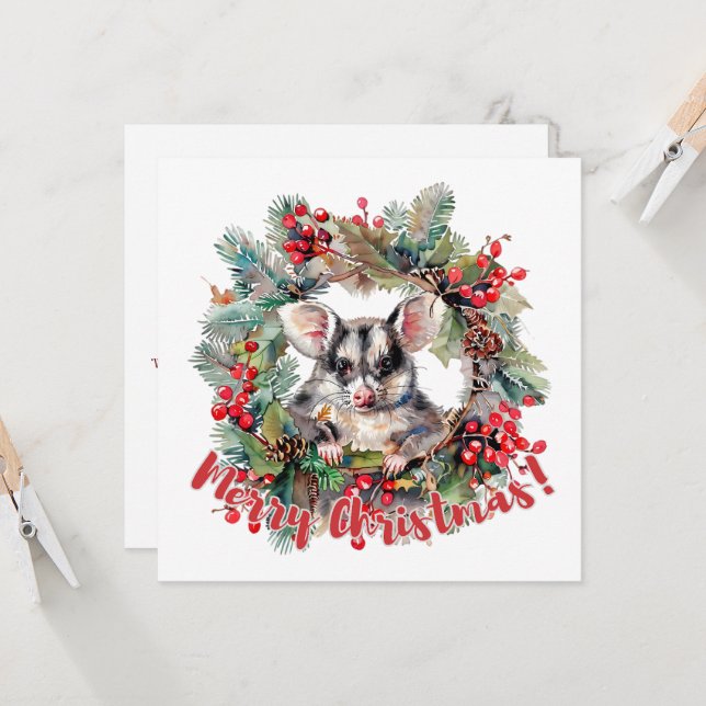 Christmas Opossum Berries Holly Leaves Invitation (Front/Back In Situ)