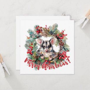 Christmas Opossum Berries Holly Leaves Invitation