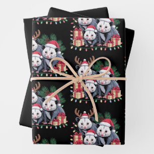 Christmas Opossum Santa Hat Antlers Xmas Lights Wrapping Paper Sheet