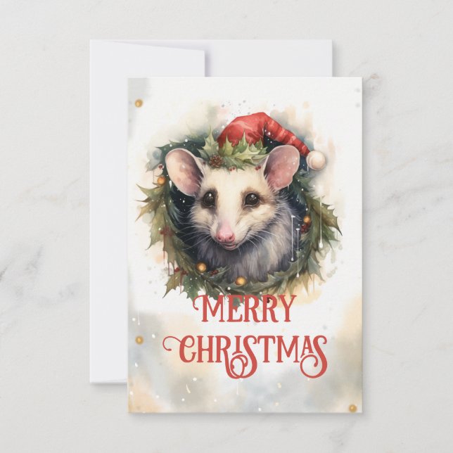 Christmas opossum Watercolor Thank You Card (Front)
