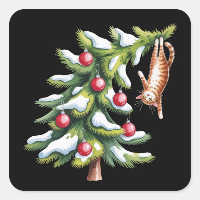 Christmas Orange Cat Tree Cats Lover Family Xmas Square Sticker (Front)