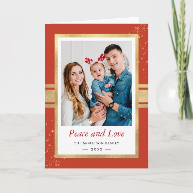 Christmas Orange Faux Gold Foil Peace Love Photo Holiday Card (Front)