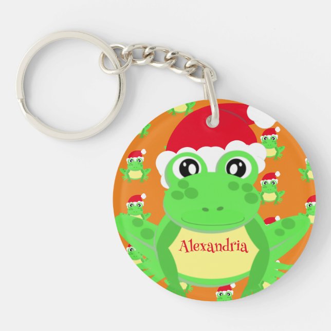 Christmas Orange Frog Santa Hat Pattern Novelty  Key Ring (Front)