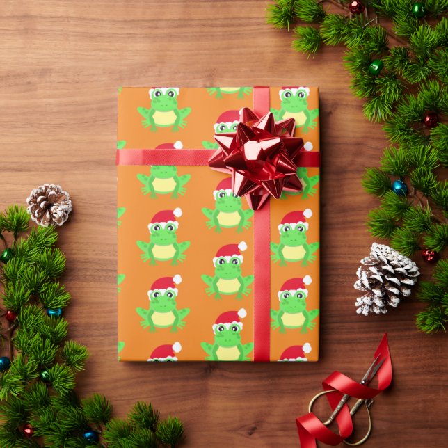 Christmas Orange Frog Santa Hat Pattern Novelty  Wrapping Paper (Holiday Gift)