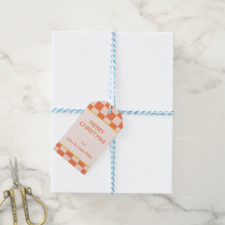 Christmas Orange Retro Chequered Pattern Gift Tags