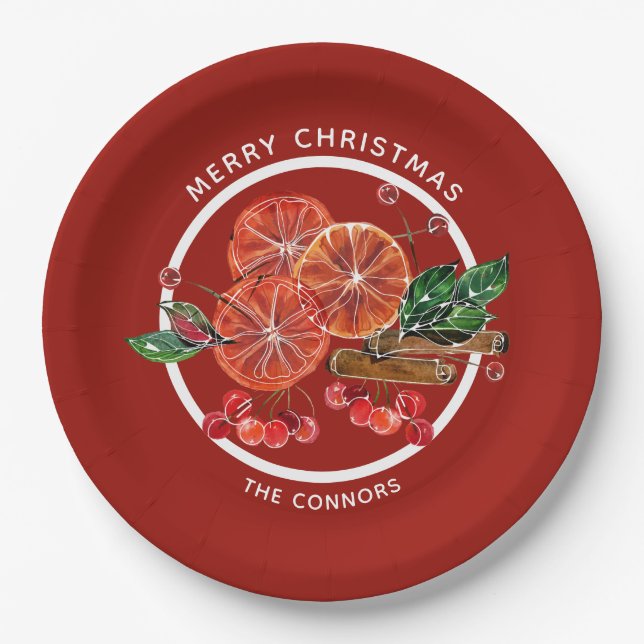 Christmas Orange Slices Cinnamon Sticks Berries Paper Plate (Front)