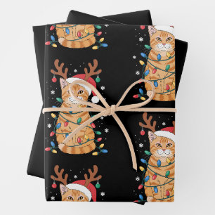 Christmas Orange Tabby Cat Reindeer Antlers Lights Wrapping Paper Sheet
