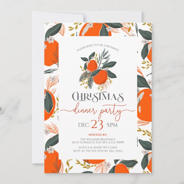 Christmas oranges & flowers pattern party invite (Front)