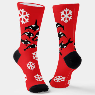 Christmas Orca Killer Whales and Snowflakes Red Socks