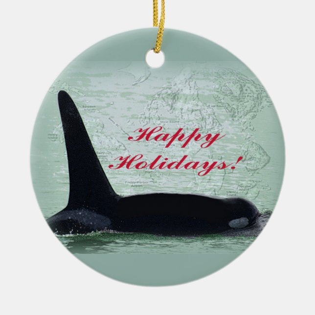 Christmas Orca San Juan Island Merry Christmas Ceramic Tree Decoration (Front)