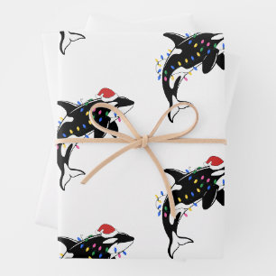 Christmas Orca Whale Santa Hat Xmas Lights Holiday Wrapping Paper Sheet