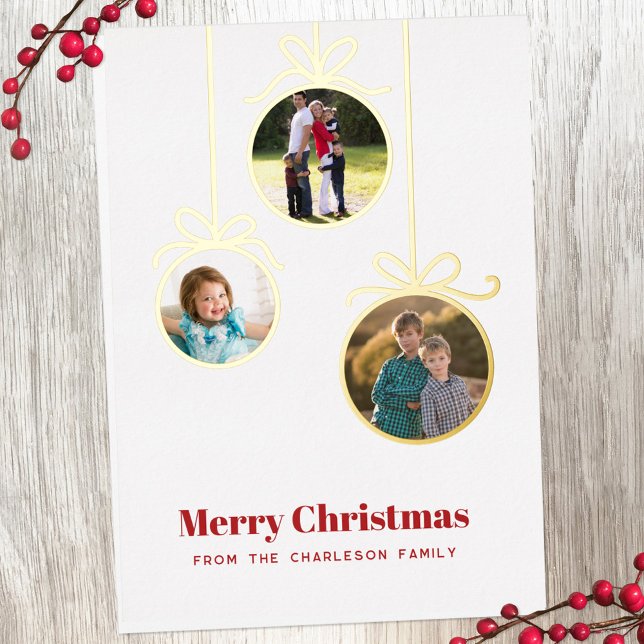 Christmas Ornament 3 Photo Foil Holiday Card (Three photo foil Christmas ornament personalized holiday card)