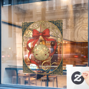 Christmas Ornament and Red Ribbon Art Nouveau Window Cling