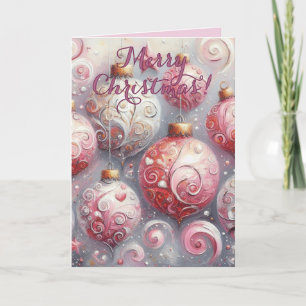 Christmas Ornament Balls Pink White w/Swirls Holiday Card
