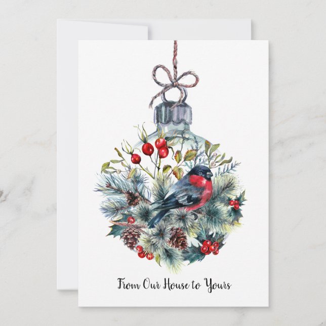 Christmas Ornament Bullfinch Pine Cones Branches Holiday Card (Front)