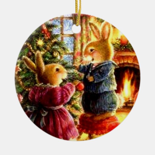Christmas Ornament - Bunnies Decorating the Tree (Front)