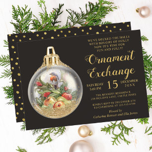 Christmas Ornament Exchange Bird Bauble Holly Invitation