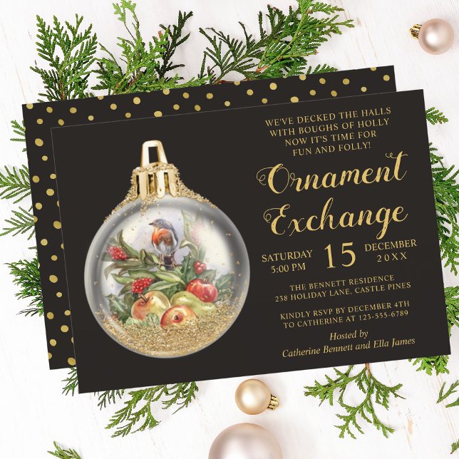 Christmas Ornament Exchange Floral Bird Bauble Invitation (Creator Uploaded)