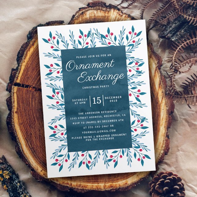 Christmas Ornament Exchange Party Blue Watercolor Invitation (Creator Uploaded)