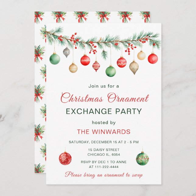 Christmas Ornament Exchange Party Garland Invitation (Front/Back)