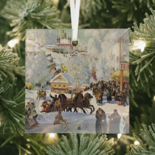 Christmas Ornament-Glass Vintage Winter Scene  Glass Tree Decoration