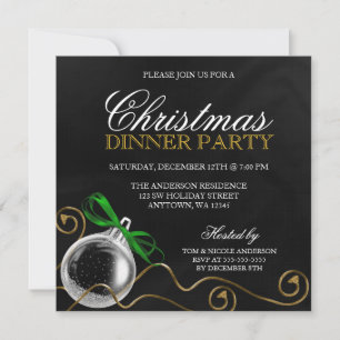 Christmas Ornament Green Bow Dinner Party Invitation