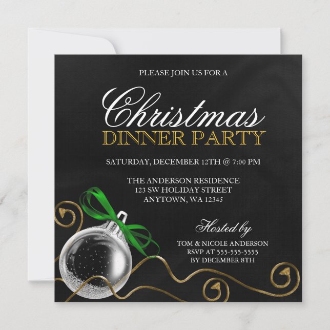 Christmas Ornament Green Bow Dinner Party Invitation (Front)