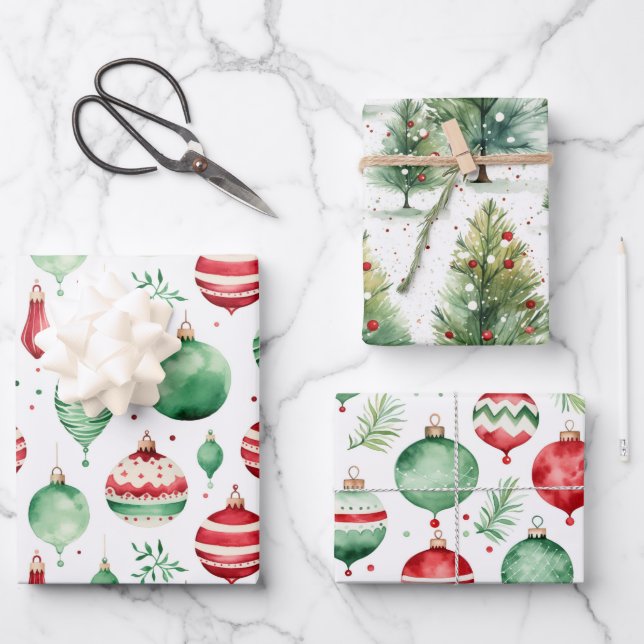 Christmas Ornament Holiday Pine Trees Gift  Wrapping Paper Sheet (Front)