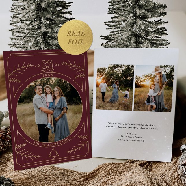 Christmas Ornament Line Art Burgundy Photo Foil Holiday Card (Creator Uploaded)