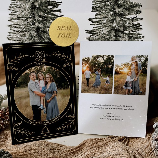 Christmas Ornament Line Art Photo Black Gold Foil Holiday Card (Creator Uploaded)