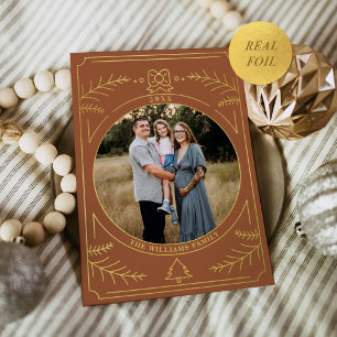 Christmas Ornament Line Art Terracotta Photo Foil Holiday Card