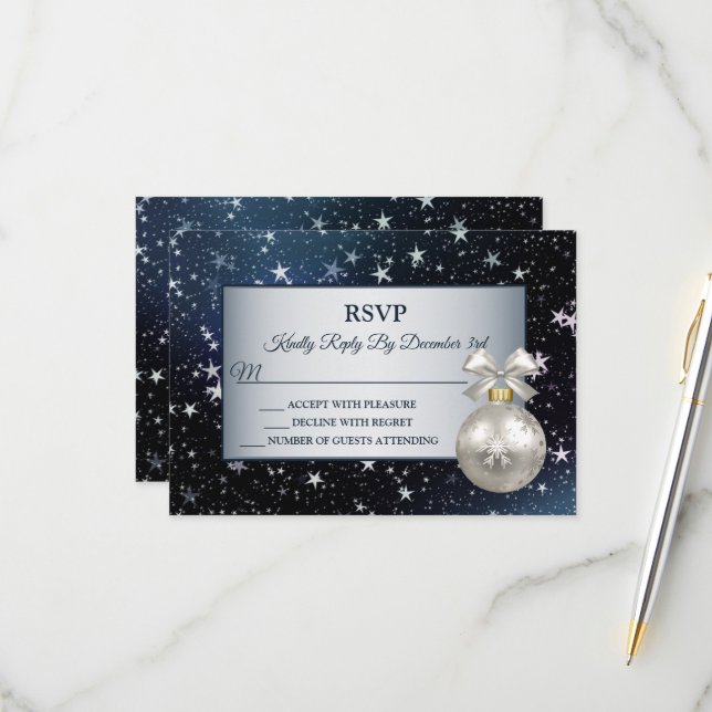 Christmas Ornament Navy Blue Shiny Stars Holidays RSVP Card (Front/Back In Situ)