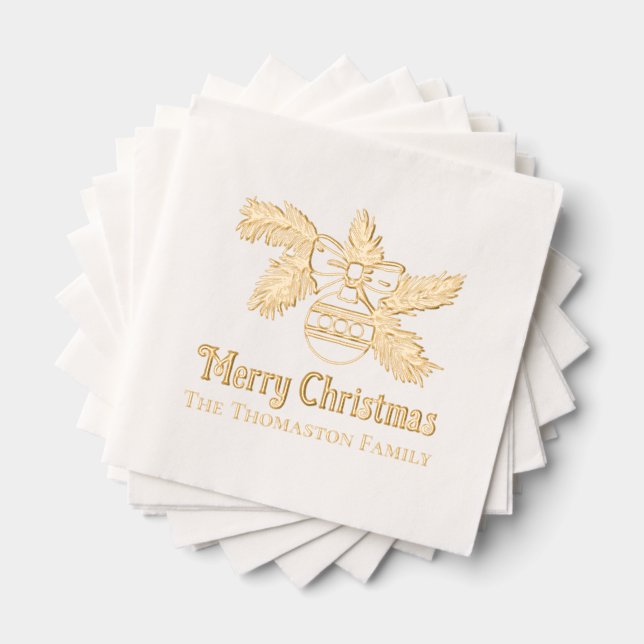 Christmas Ornament on Branch Greeting Name Foil Napkins (Insitu (Stacked))