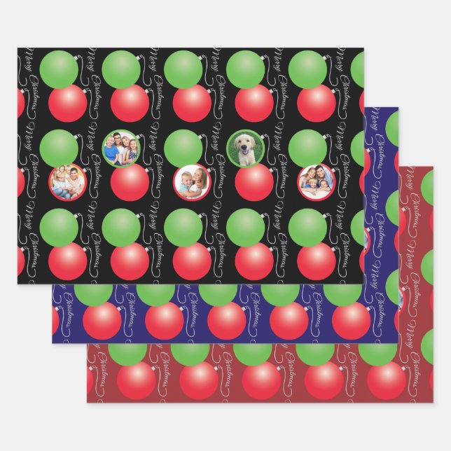 Christmas Ornament Pattern Family Photo Collage Wrapping Paper Sheet (Set)