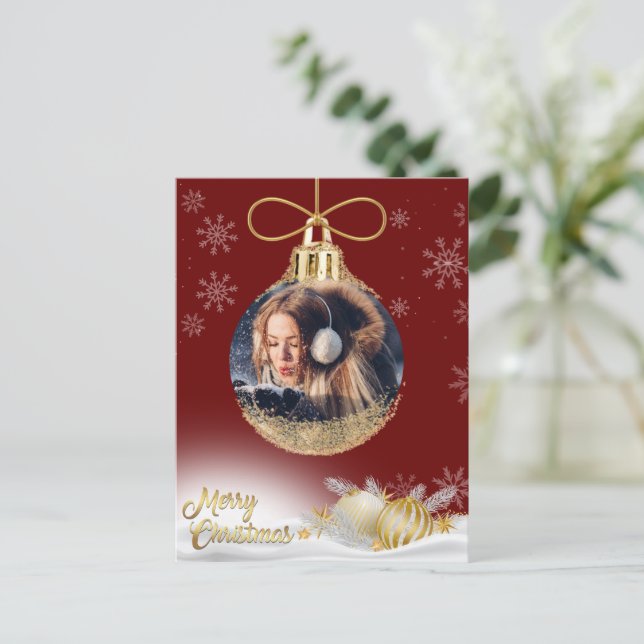 Christmas Ornament Photo Snowflakes Modern Budget  Holiday Postcard (Standing Front)