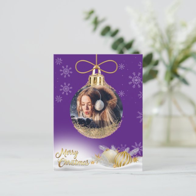 Christmas Ornament Photo Snowflakes Modern Purple Holiday Postcard (Standing Front)