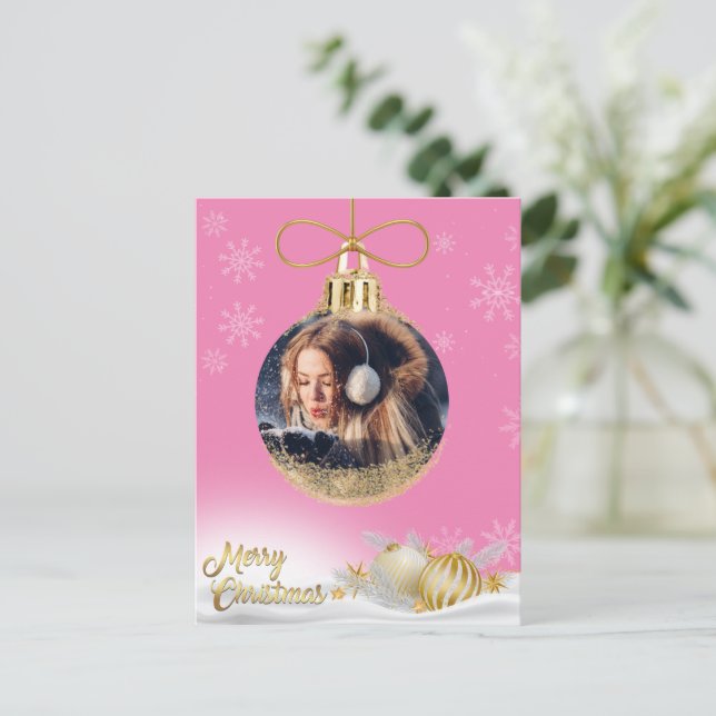 Christmas Ornament Photo Snowflakes Pink Modern Holiday Postcard (Standing Front)