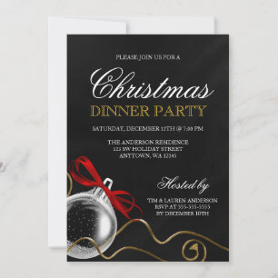 Christmas Ornament Red Bow Dinner Party Invitation