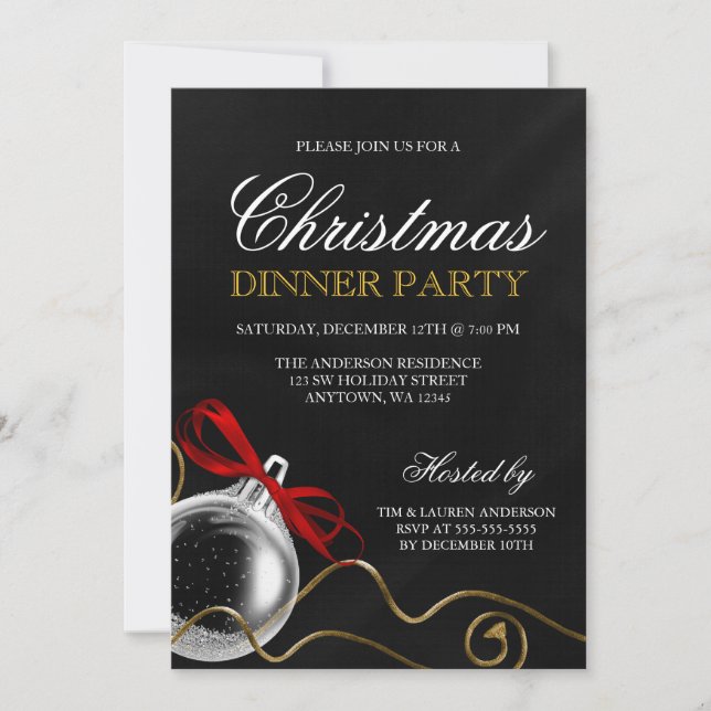 Christmas Ornament Red Bow Dinner Party Invitation (Front)